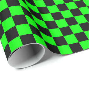 Lime Green and Black Checkerboard Squares Wrapping Paper