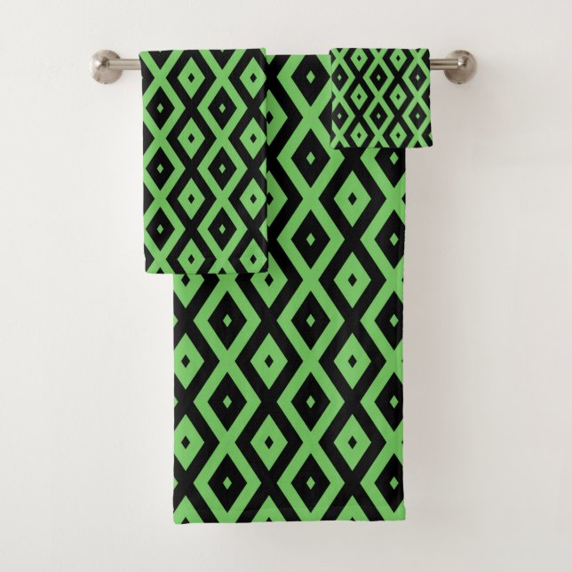 Lime green and black diamond pattern bath towel set (Insitu)