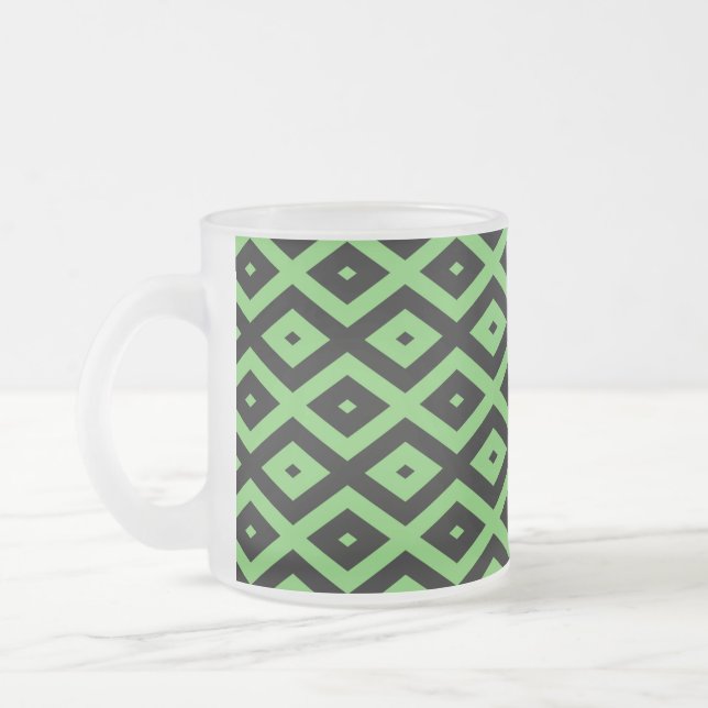 Lime green and black diamond pattern frosted glass coffee mug (Left)