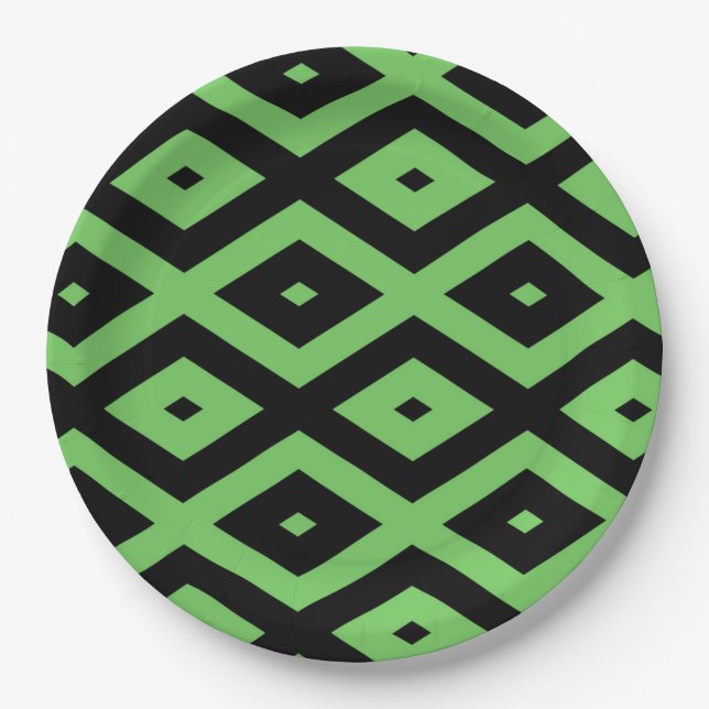 Lime green and black diamond pattern paper plates (Front)