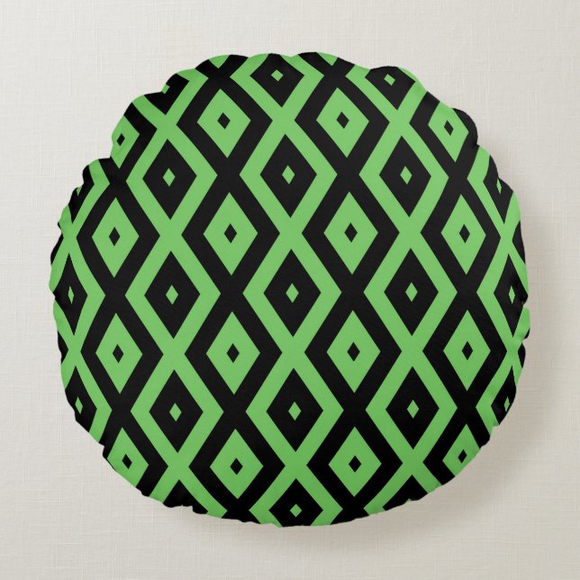 Lime green and black diamond pattern round pillow (Front)