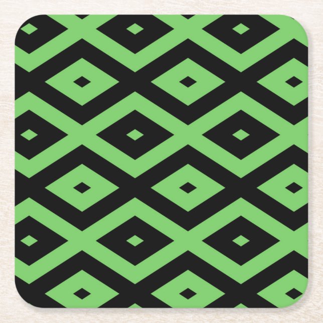 Lime green and black diamond pattern square paper coaster (Front)