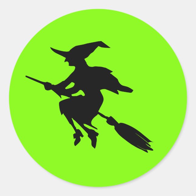 Lime Green and Black Flying Witch Halloween Classic Round Sticker (Front)