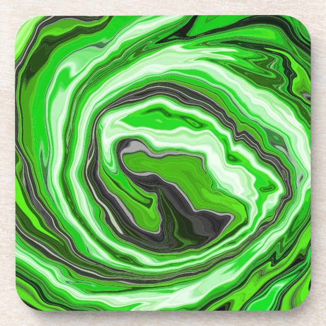 Lime Green and Black Marble like Swirls Fluid Art  Beverage Coaster (Front)