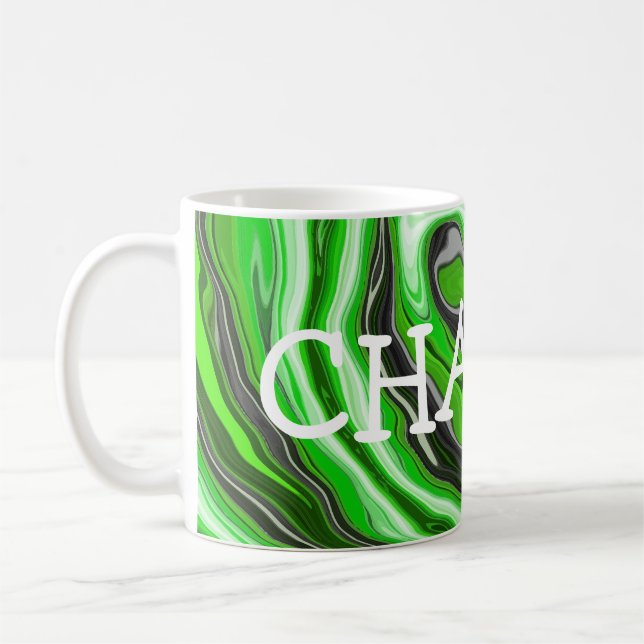 Lime Green and Black Marble like Swirls Fluid Art  Coffee Mug (Left)