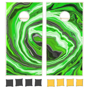 Lime Green and Black Marble like Swirls Fluid Art Cornhole Set