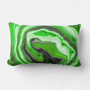 Lime Green and Black Marble like Swirls Fluid Art Lumbar Pillow