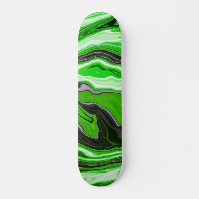 Lime Green and Black Marble like Swirls Fluid Art Skateboard (Front)