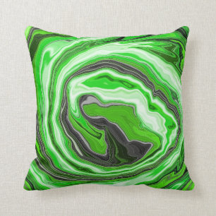 Lime Green and Black Marble like Swirls Fluid Art Throw Pillow