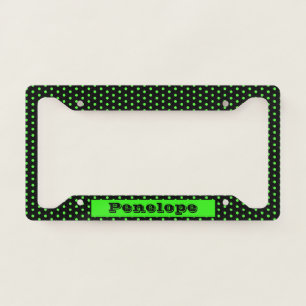 Lime Green and Black Polka Dot Pattern with Name License Plate Frame