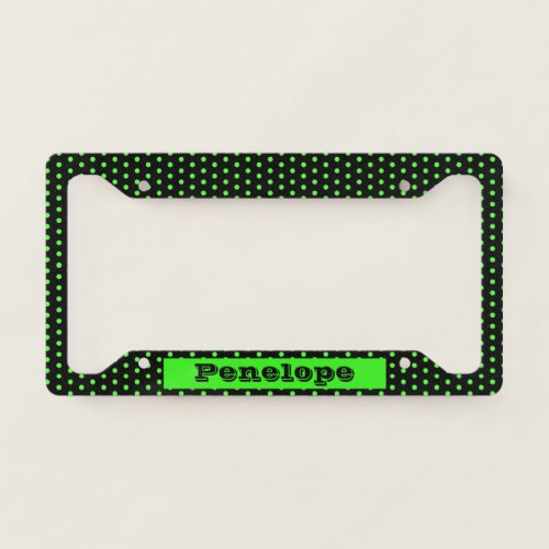 Lime Green and Black Polka Dot Pattern with Name License Plate Frame