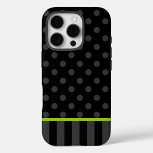 Lime Green and Black Polka Dot Stripes iPhone 16 Pro Case