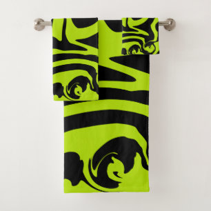 Lime Green and Black retro marble swirl Bath Towel Set