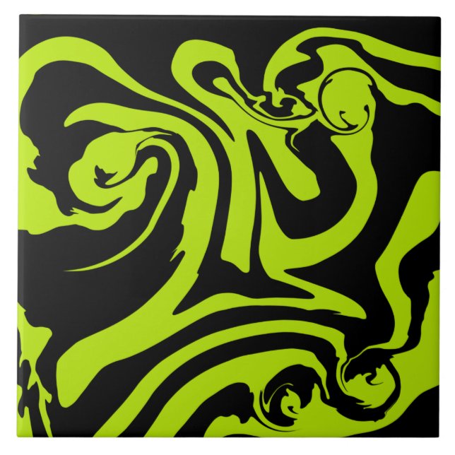 Lime Green and Black retro marble swirl Ceramic Tile (Front)