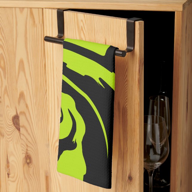 Lime Green and Black retro marble swirl Kitchen Towel (Thirds Fold)