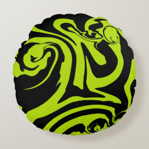 Lime Green and Black retro marble swirl Round Pillow