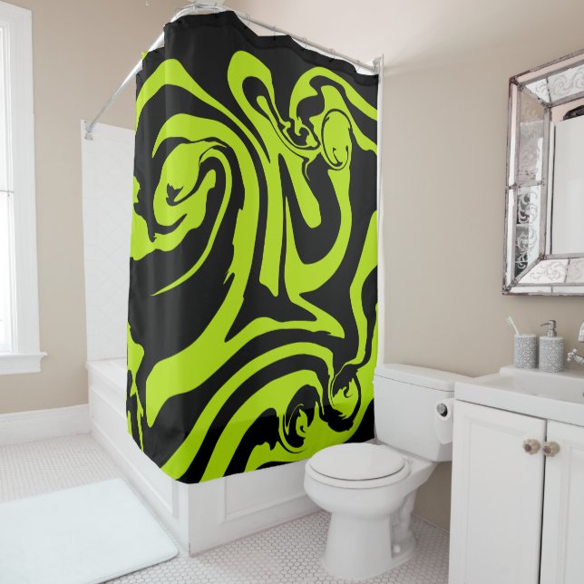 Lime Green and Black retro marble swirl Shower Curtain (In Situ)