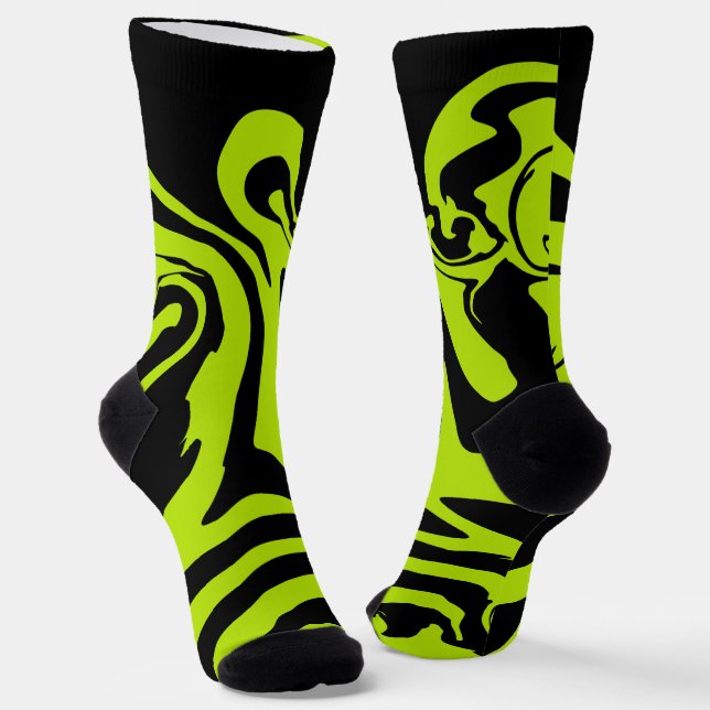 Lime Green and Black retro marble swirl Socks (Angled)