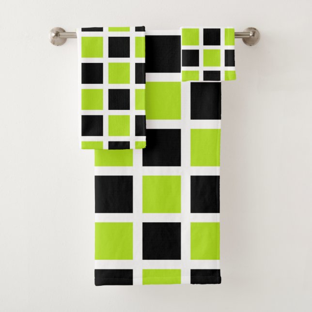 Lime Green and Black Squares White Bath Towel Set (Insitu)