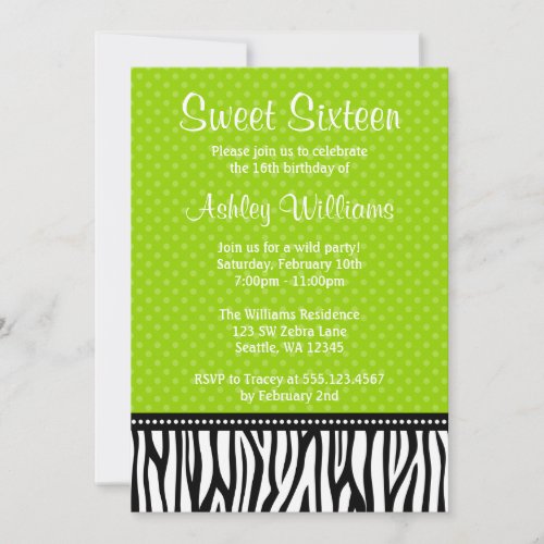 Lime Green and Black Zebra Polka Dot Sweet 16 Custom Invite