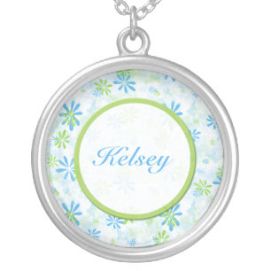 Lime Green and Blue Floral Necklace with Name