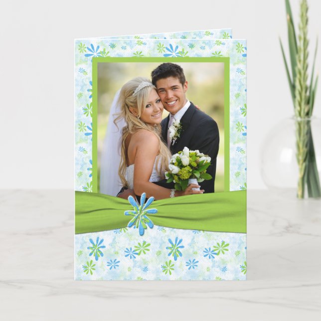 Lime Green and Blue Floral Photo Thank you Card (Front)