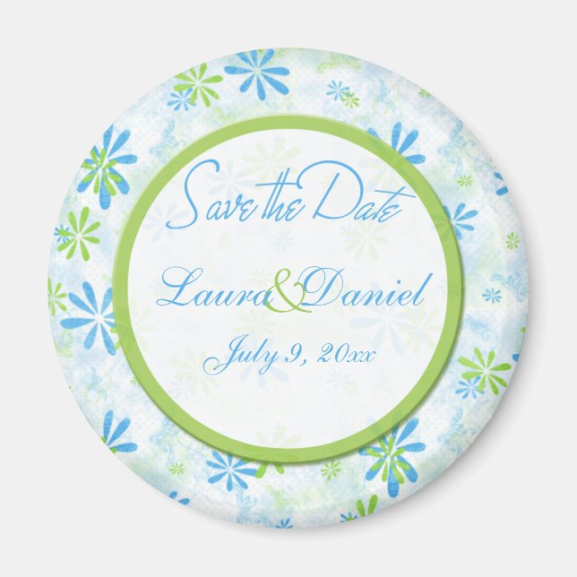 Lime Green and Blue Floral Save the Date Magnet (Front)
