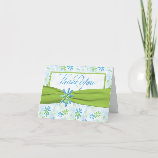 Lime Green and Blue Floral Thank You Note Card (Front)