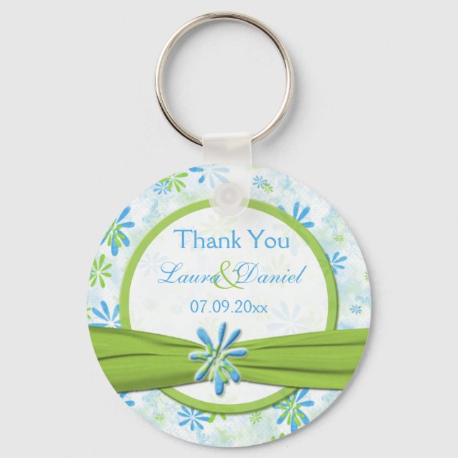 Lime Green and Blue Floral Wedding Favor Keychain (Front)