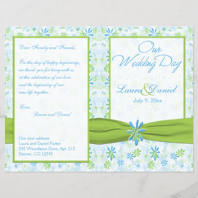 Lime Green and Blue Floral Wedding Program (Front)