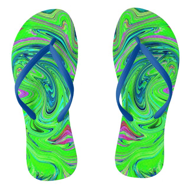 Lime Green and Blue Groovy Abstract Retro Art Flip Flops (Footbed)