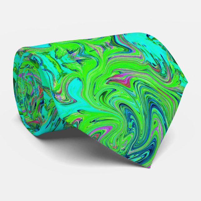 Lime Green and Blue Groovy Abstract Retro Art Neck Tie (Rolled)