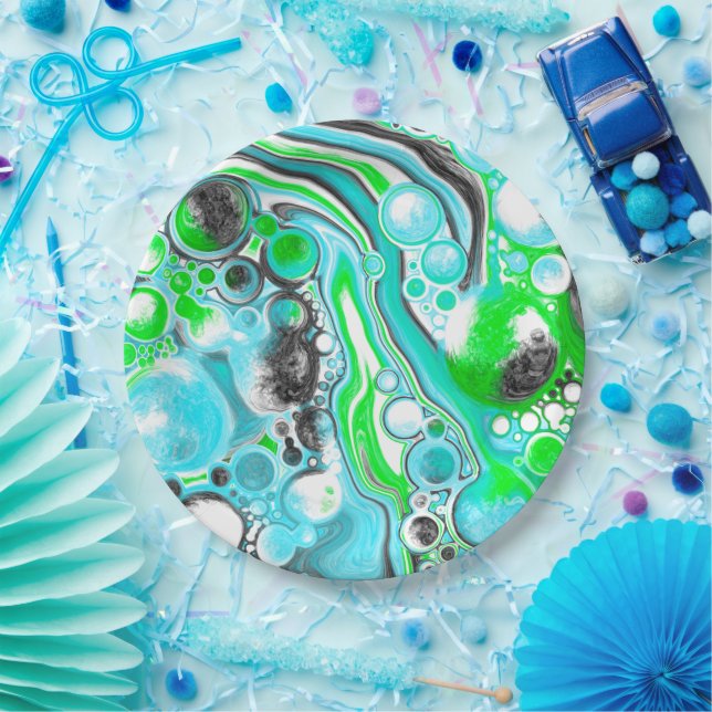 Lime Green and Blue Marble like Swirls  Bubbles Paper Plates (Party)