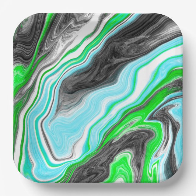 Lime Green and Blue Marble like Swirls   Paper Plates (Front)