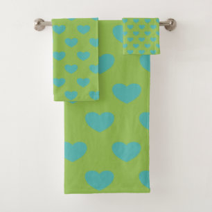 Lime Green and Blue Simple Cute Heart Pattern Bath Towel Set