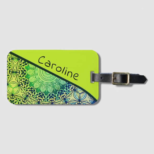 Lime Green and Blue Whimsical Boho Mandala Art Luggage Tag (Front Horizontal)