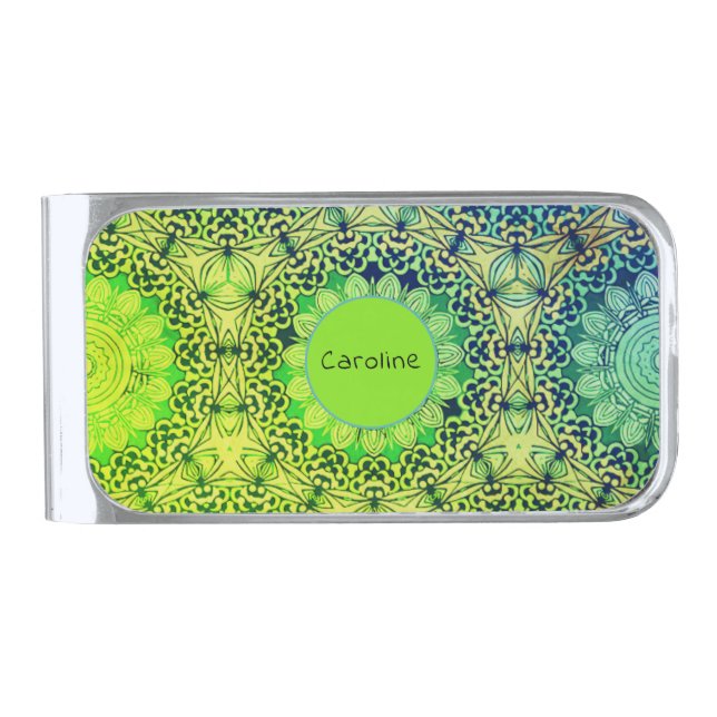 Lime Green and Blue Whimsical Boho Mandala Art Silver Finish Money Clip (Front)