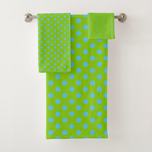 Lime Green and Bright Blue Polka Dot Bath Towel Set (Insitu)
