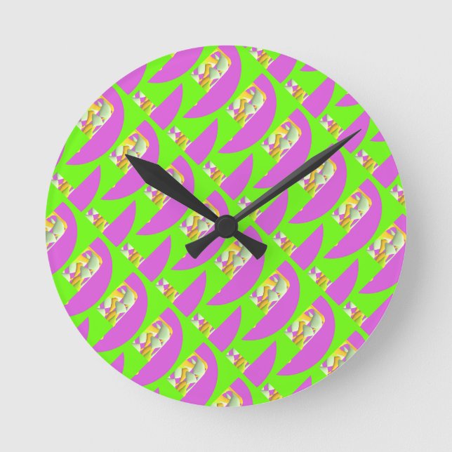 Lime Green and bright purple patterns   Compact Mi Round Clock (Front)