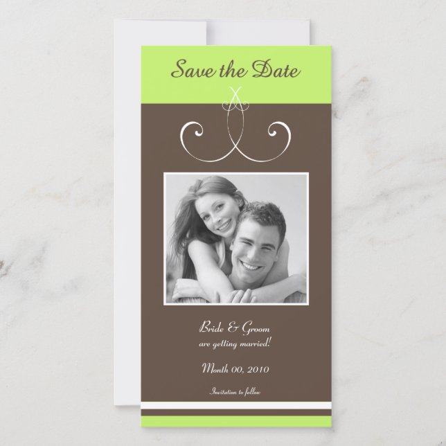Lime Green and Brown Save the Date Photo Cards (Front)