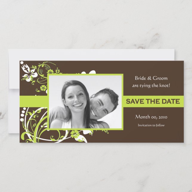 Lime Green and Brown Save the Date Photo Cards (Front)