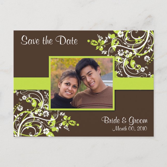 Lime Green and Brown Save the Date Photo Postcards (Front)