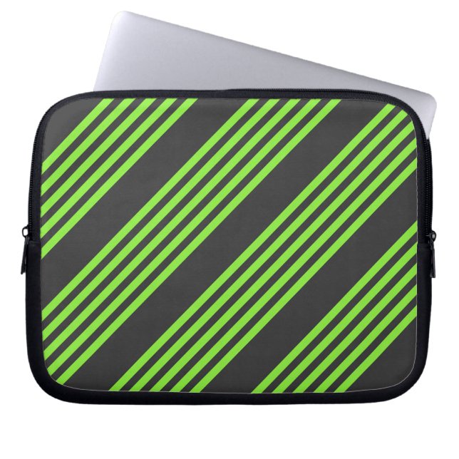 Lime green and charcoal five stripes pattern laptop sleeve (Front)