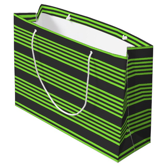 Lime green and charcoal five stripes pattern large gift bag (Back Angled)