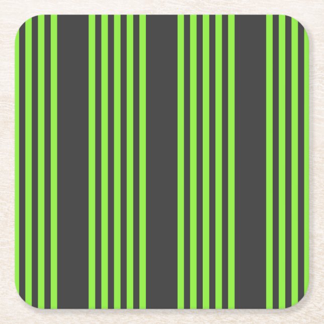 Lime green and charcoal five stripes pattern square paper coaster (Front)
