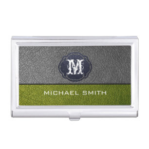 Lime Green and Gray Leather Custom Monogram Business Card Case