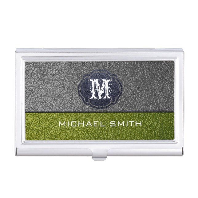 Lime Green and Gray Leather Custom Monogram Business Card Case (Front)
