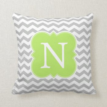 Lime Green And Gray Monogram Chevron Stripes Throw Pillow by whimsydesigns at Zazzle