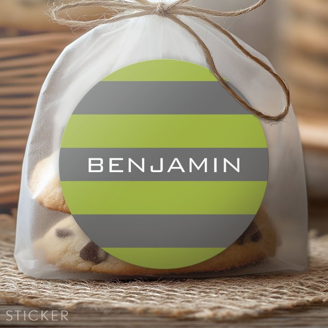Lime Green and Gray Rugby Stripes with Custom Name Classic Round Sticker (Custom Sticker for Party Favors and Envelopes)