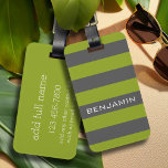 Lime Green And Gray Rugby Stripes With Custom Name Luggage Tag at Zazzle